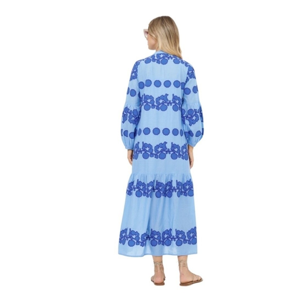 Oliphant Blue Embroidered Floral Applique Puff Sleeve Maxi Dress Medium - Picture 3 of 16